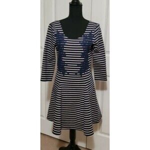 Free People 3/4 Sleeve Striped Embroidered Fit N Flare Dress Women's Sz M